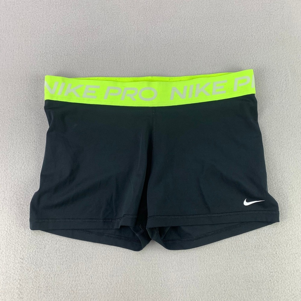 Nike Pro Dri-FIT Shorts Women XL Black Volt Yellow Athletic 3" Spandex